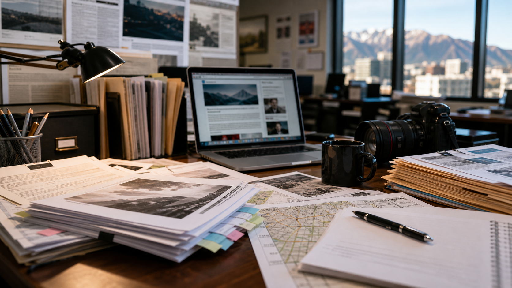Investigative newsroom desk with public records